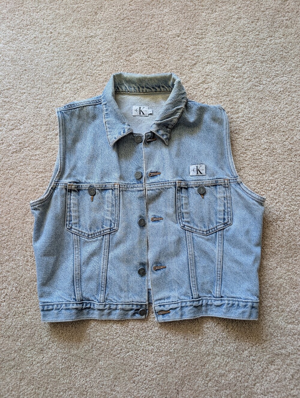 Vintage Calvin Klein Blue Stonewash Denim Patch Pocket Vest Jacket